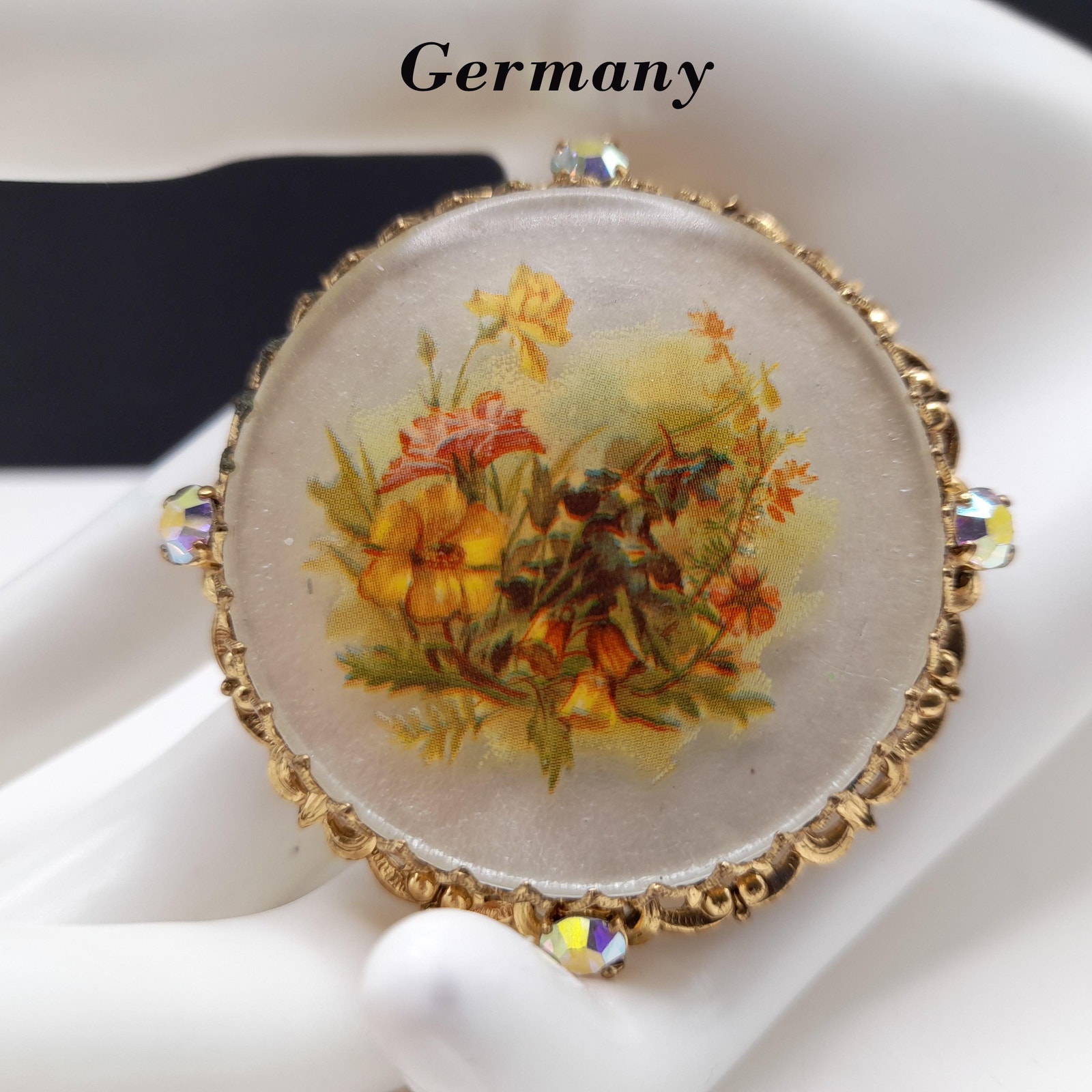 Vintage Made Germany Floral Glass Filigree Brooch Ab Rhinestones 95$